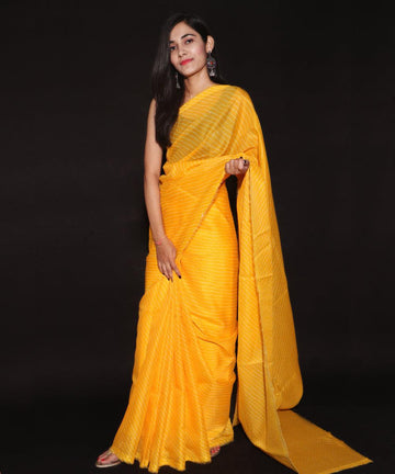 Yellow Colour Lehariya Print Kota Doria Saree